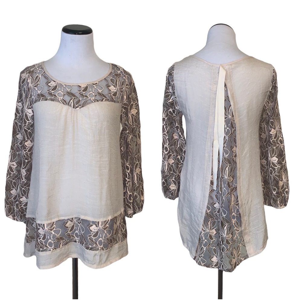 005 Anthropologie Areve quarter sleeve peasant top with laced detail in cream - Picture 3 of 6